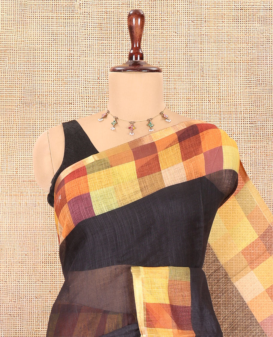 Black-Yellow Plain Linen Cotton Saree, a Contrast Checked Border, Checked Pallu, and a Contrast Blouse