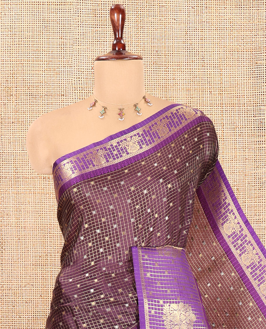 Wine Semi-Katan Silk Saree, Enriched with Buttas and Zari Checks, a Contrast Traditional Zari Border, and a Contrast Blouse