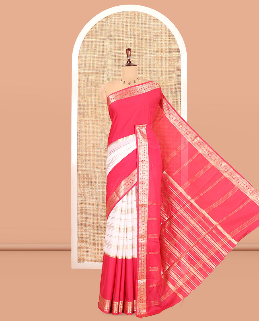 Rani Pink Zari Striped Art Mysore Crepe Saree, a Contrast Traditional Zari Big Border, a Grand Pallu, and a Contrast Blouse
