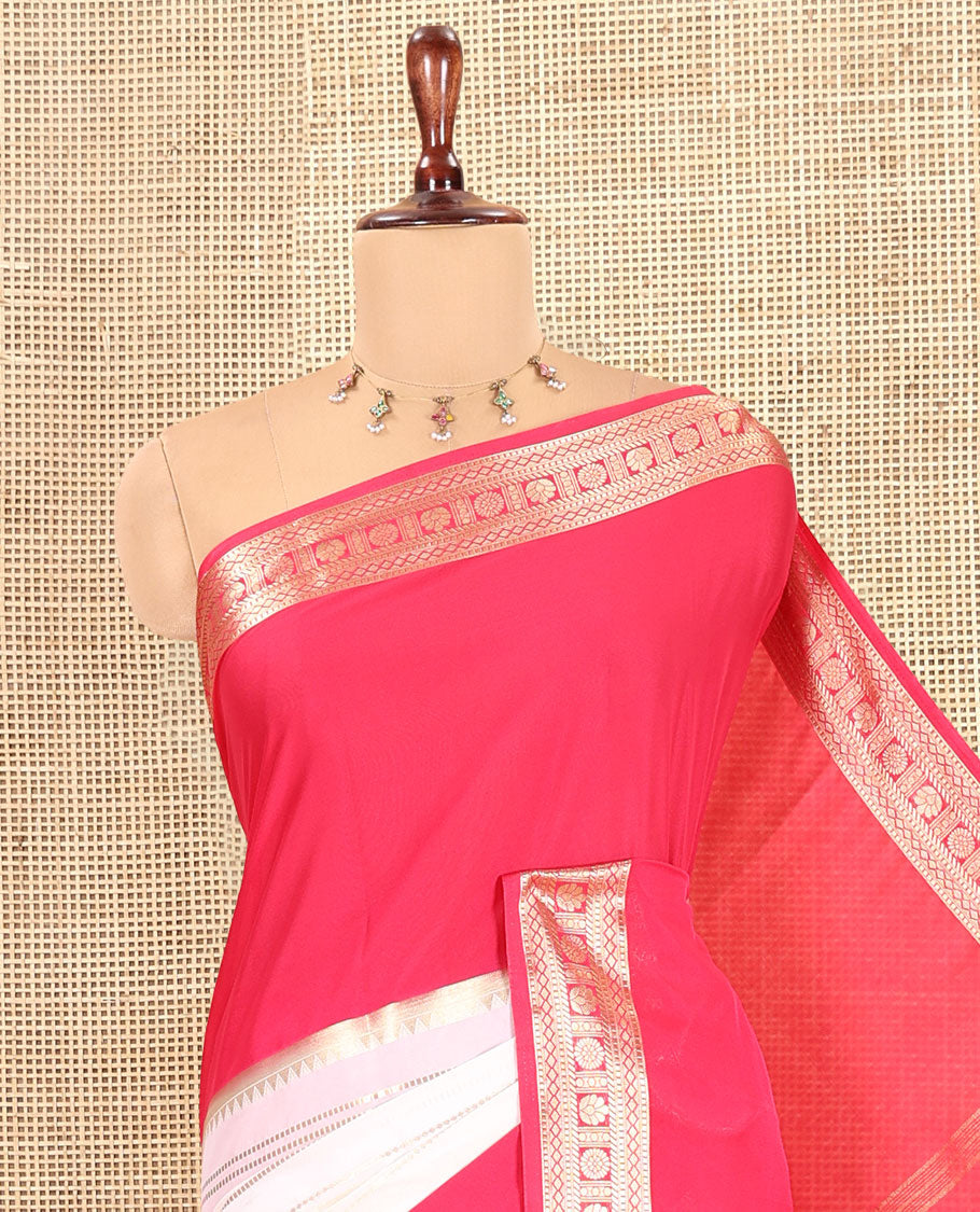Rani Pink Zari Striped Art Mysore Crepe Saree, a Contrast Traditional Zari Big Border, a Grand Pallu, and a Contrast Blouse