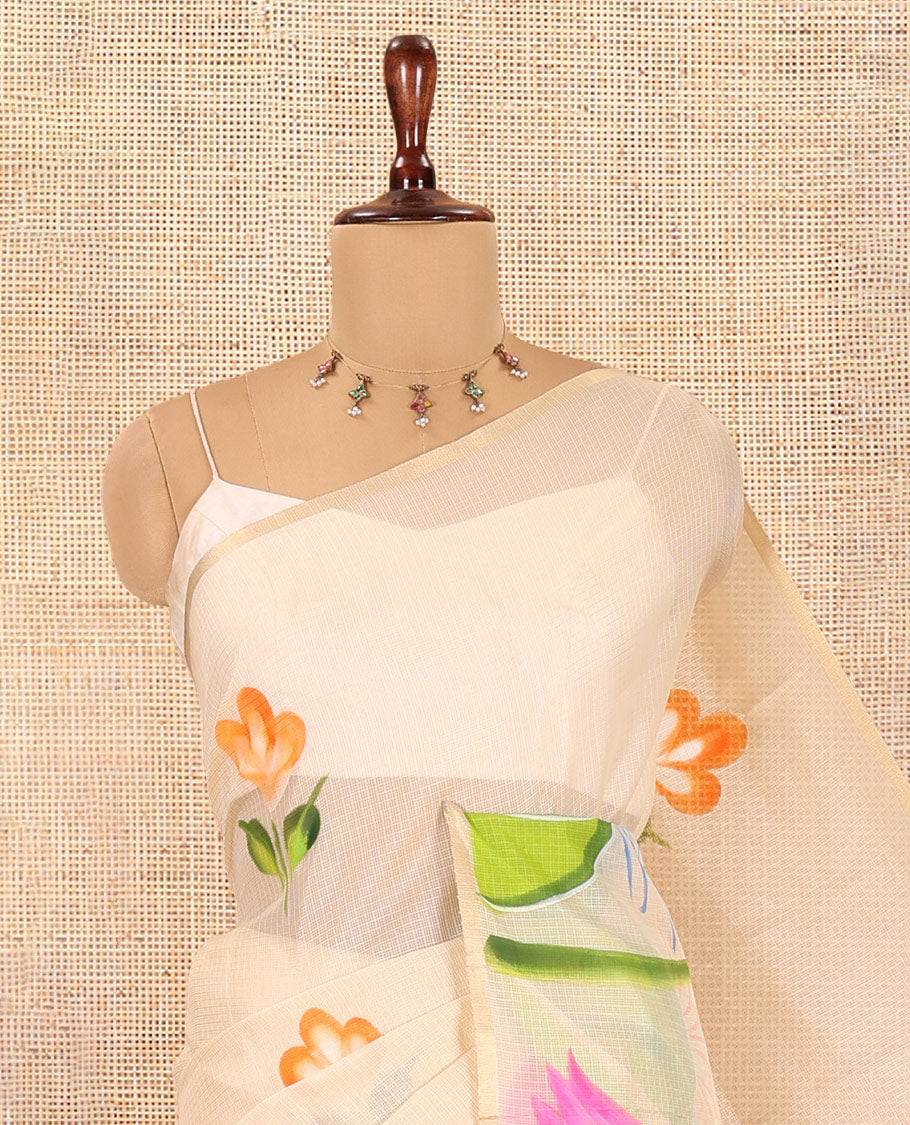 Cream Kota Doria Saree Features Flora-Flamingo Hand-Brush Print, a Piping Border, Matching Blouse