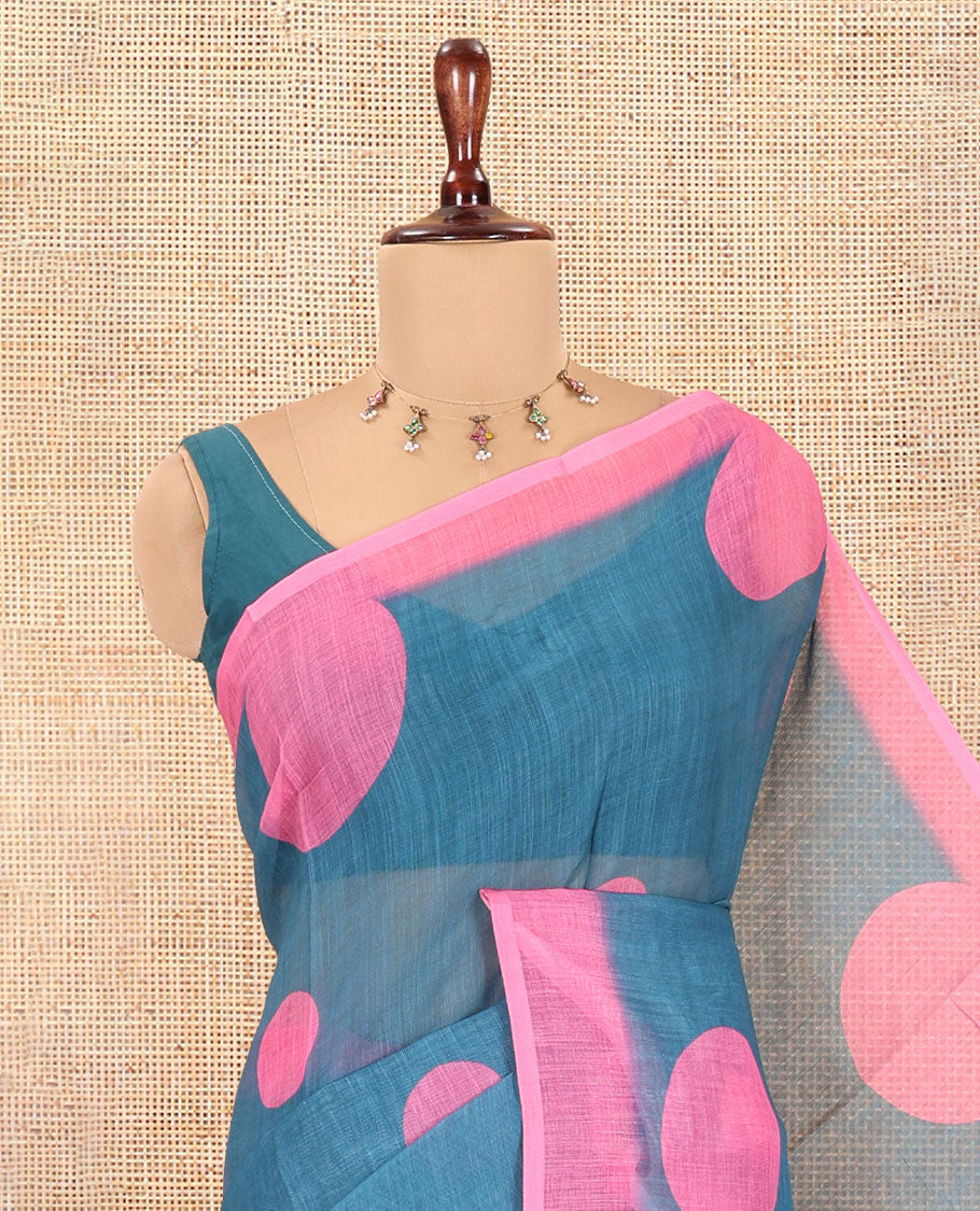 Teal Linen Cotton Saree, Subtly Sparkled with Polka Dot Buttas, a Contrast Border, a Contrast Blouse