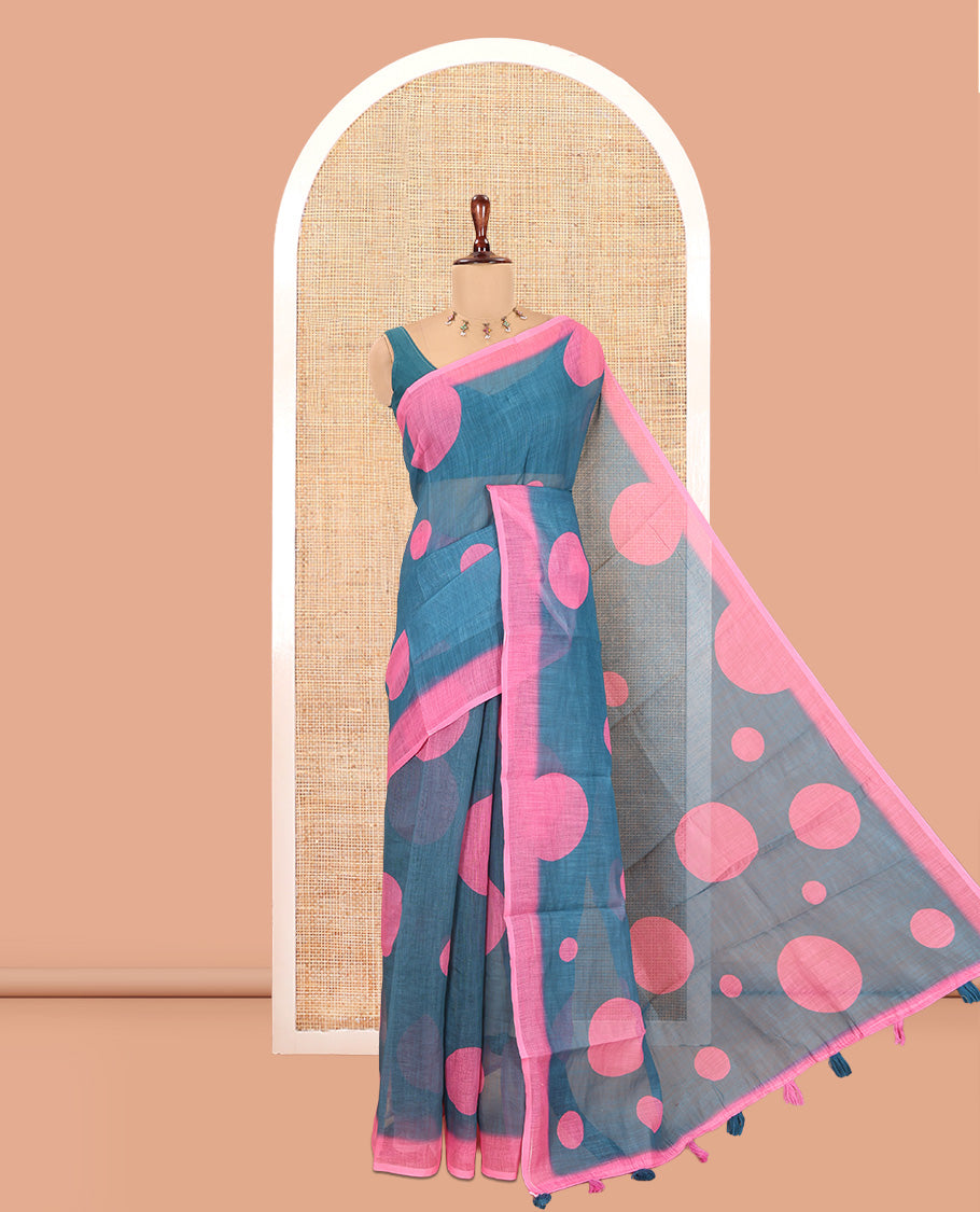 Teal Linen Cotton Saree, Subtly Sparkled with Polka Dot Buttas, a Contrast Border, a Contrast Blouse