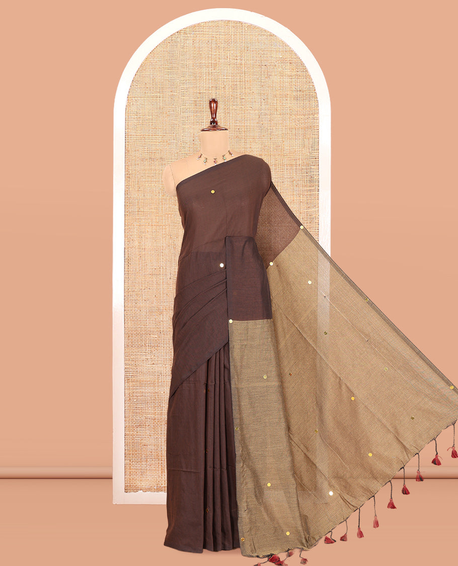 Borderless Brown Khadi Cotton Saree