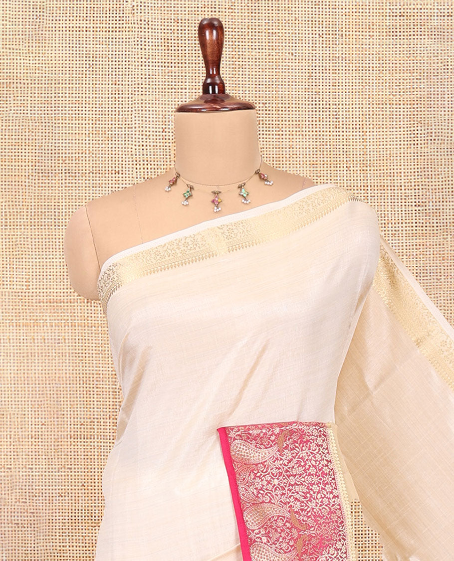 Cream-Rani Pink Plain Art Tussar Saree