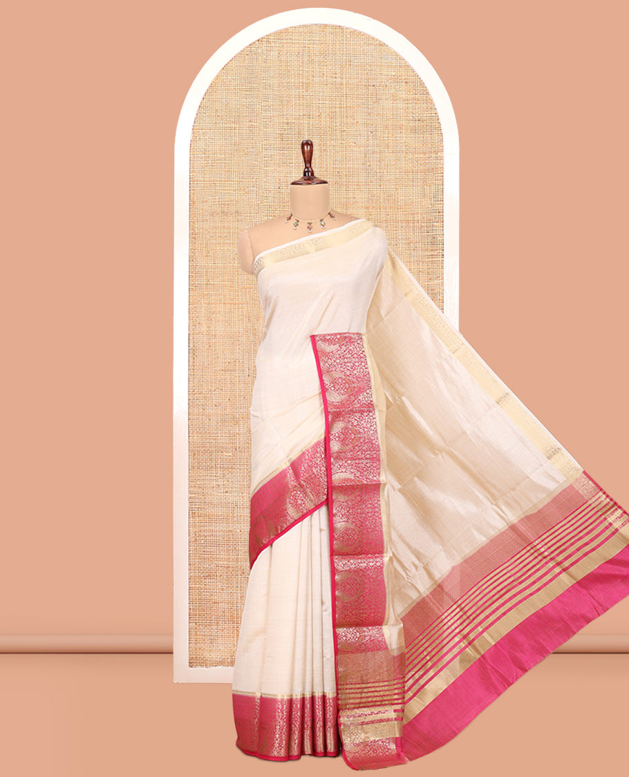 Cream-Rani Pink Plain Art Tussar Saree