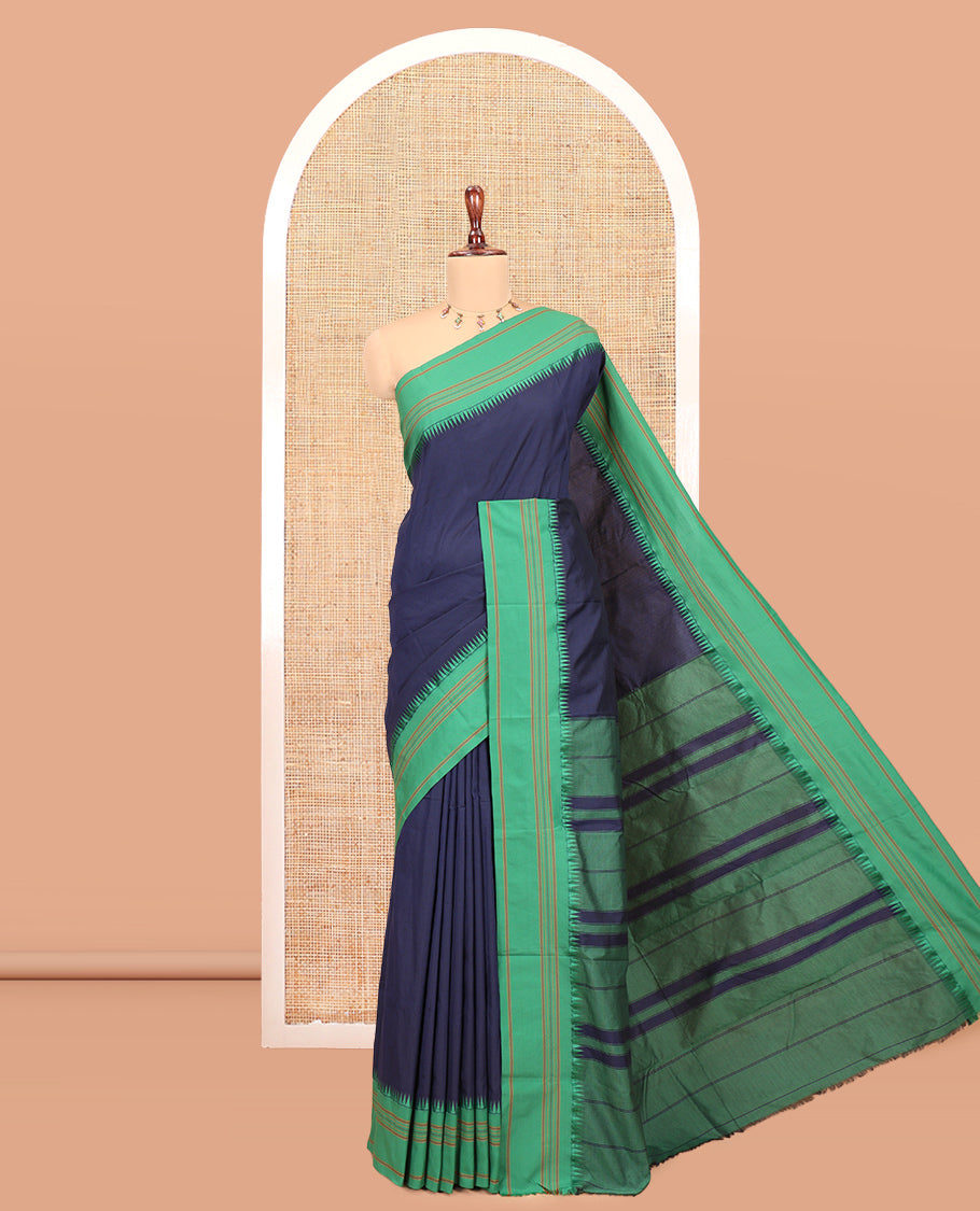 Navy Blue-Green Plain Mercerised Cotton Saree