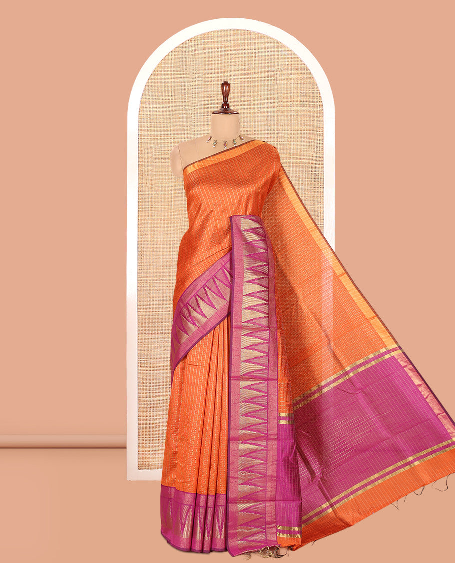 Rust Orange-Magenta Semi-Raw Silk Saree