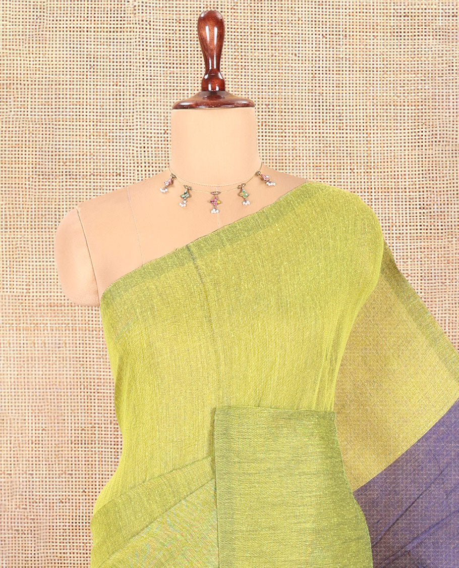 Borderless Mehendi Green-Royal Blue Plain Khadi Cotton Saree