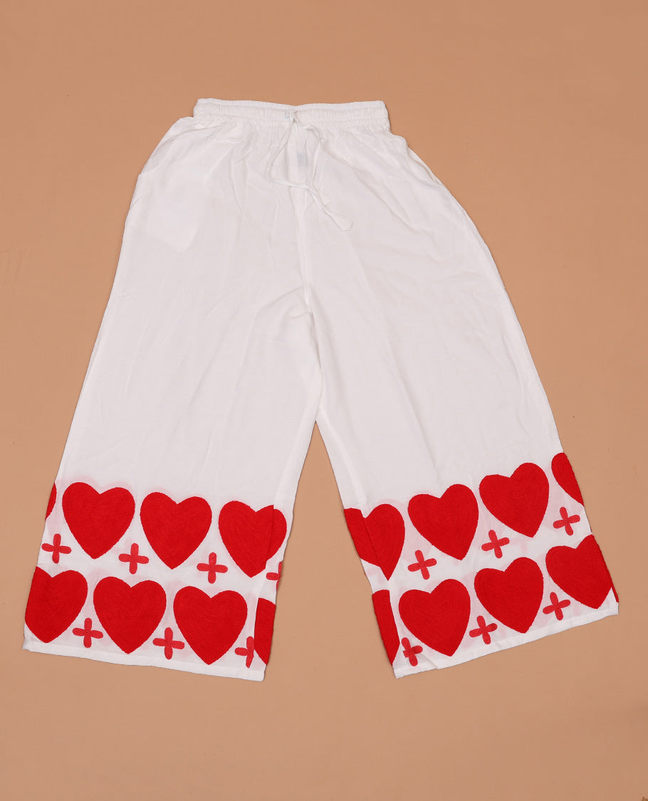 White-base red heart motifs woolen thread embroidered rayon palazzo pants