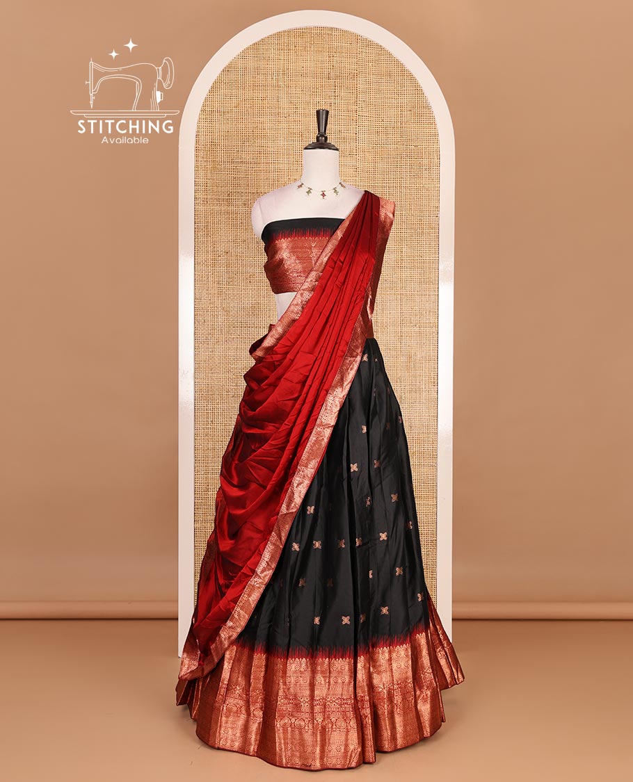 Black taffeta silk half saree, zari buttas with contrast Maroon traditional zari border, matching zari blouse, and contrast plain zari border dhavani