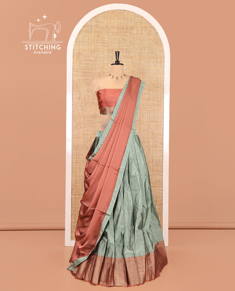 Steel Grey-Rust Taffeta Silk Half-Saree Featuring Buttas Skirt, Contrast Border, Contrast Blouse, Contrast Plain Dhavani