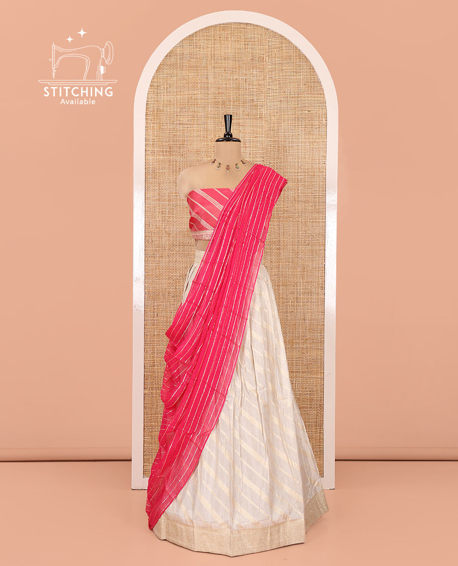 Cream-Rani Pink Semi-Banarasi Half-Saree Features Leheriya Striped Skirt, Contrast Leheriya Striped Blouse, Georgette Striped Dhavani