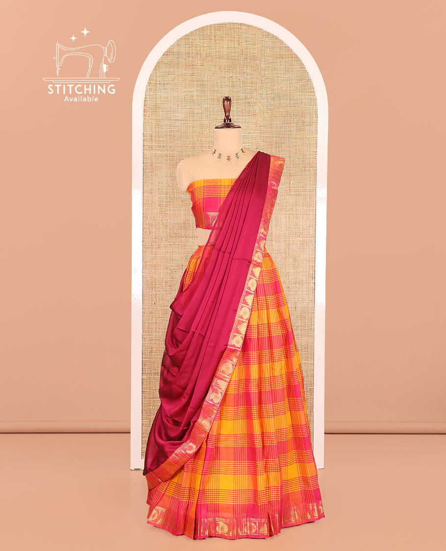 Yellow-Pink Chettinad Cotton Half Saree Features Checked Skirt, a Traditional Zari Border, a Matching Blouse, and a Contrast Dhavani