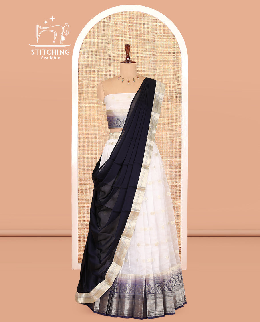 Cream-Blue Organza Half-Saree Features Zari Buttas Skirt, Contrast Traditional Border, Matching Blouse, Contrast Dhavani