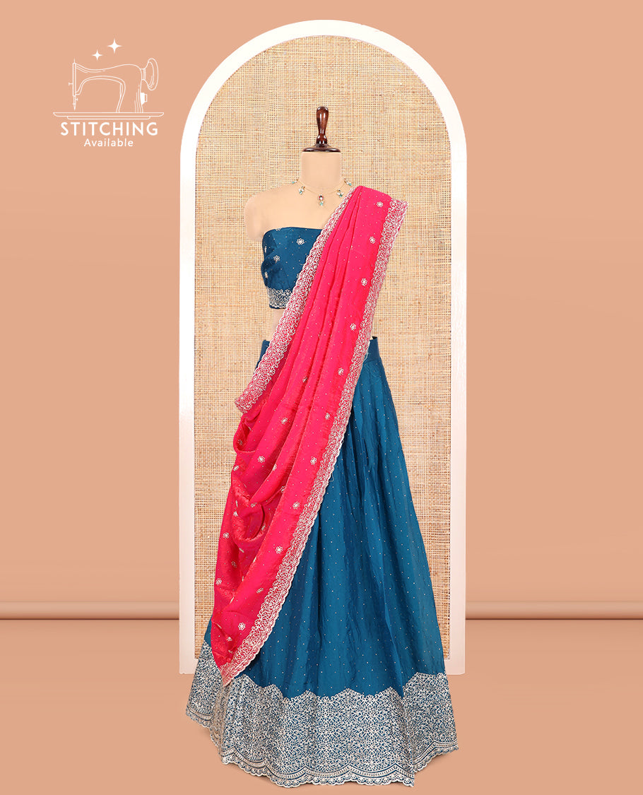 Peacock Blue Velvet Organza Half-Saree with Glitter Work Skirt, Embroidered Border, a Matching Blouse, and Contrast Embroidered Dhavani