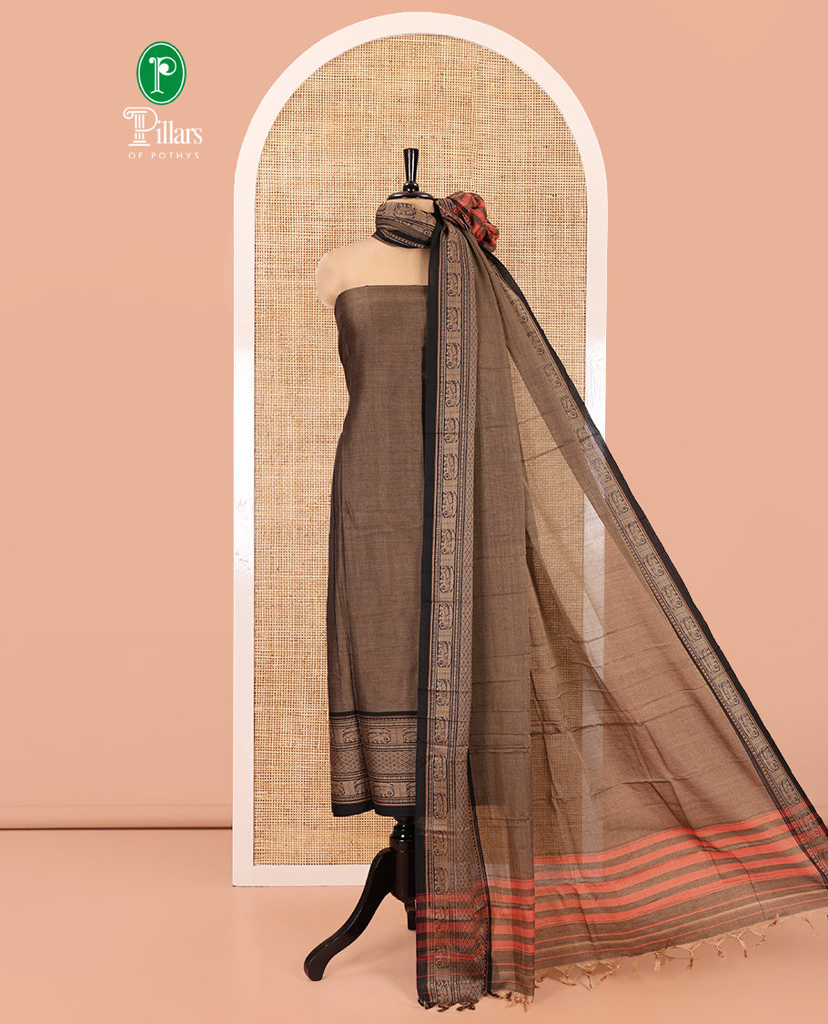Dark Chikku Mercerised Cotton Material Chudidar Set, Plain with Traditional Motifs Woven Thread Bordered Top, a Plain Bottom, and Paired with a Matching Dupatta