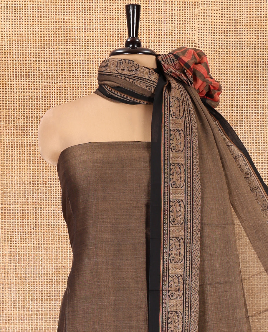 Dark Chikku Mercerised Cotton Material Chudidar Set, Plain with Traditional Motifs Woven Thread Bordered Top, a Plain Bottom, and Paired with a Matching Dupatta
