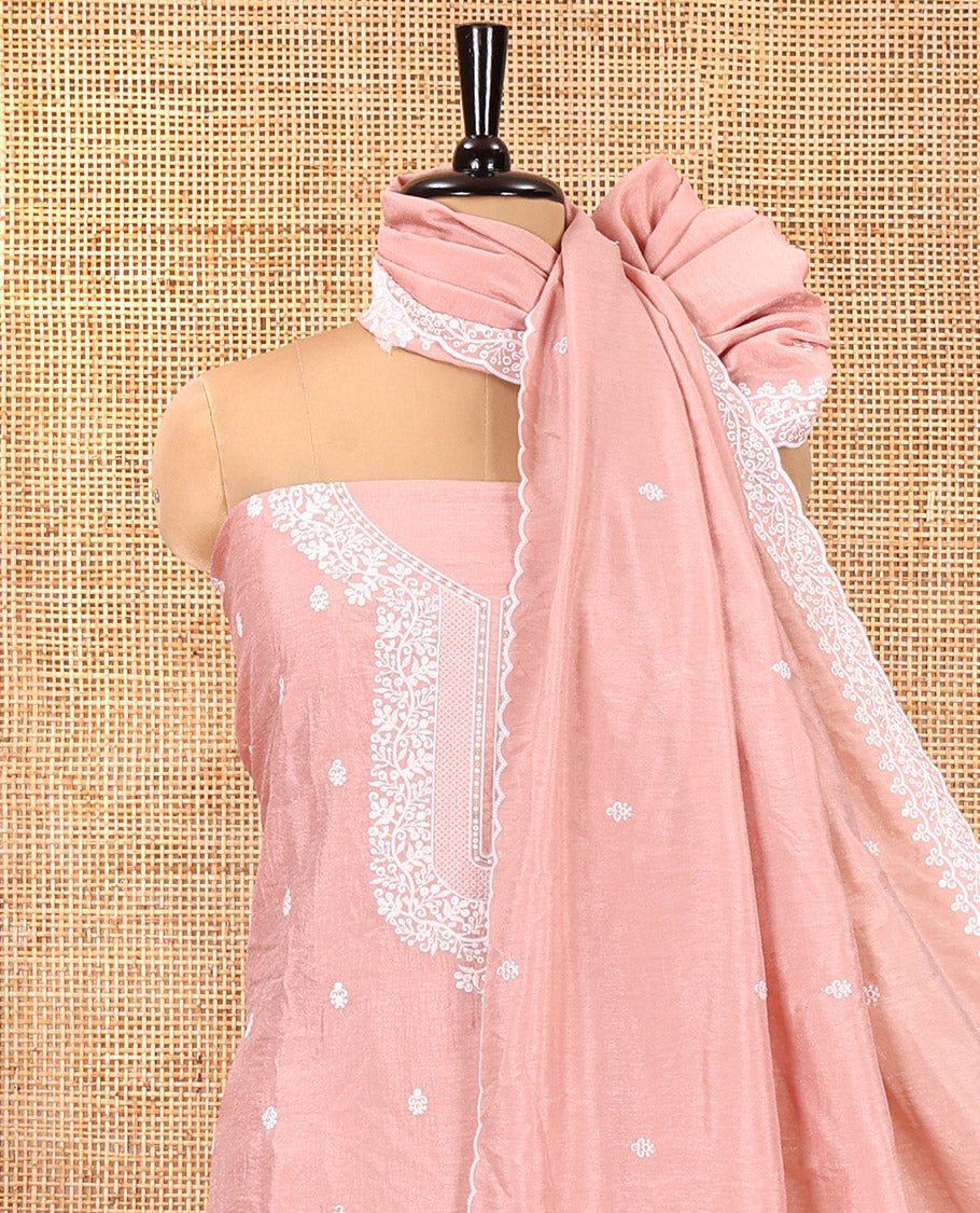 Peach Material Chudidar Set, Delicately Woven with Thread Embroidered Motifs Woven on Mul Chanderi Top, a Mul Chanderi Bottom, Paired with Thread-Embroidered Mul Chanderi Scallop-Bordered Dupatta