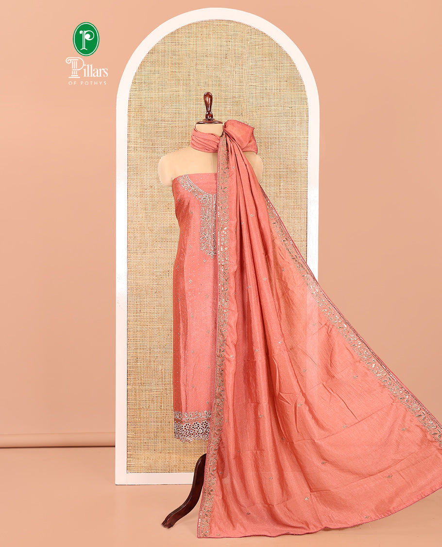 Onion Pink Vichitra Silk Material Chudidar, Embroidered and Cut-work Top, Santoon Bottom, and an Embroidered Dupatta
