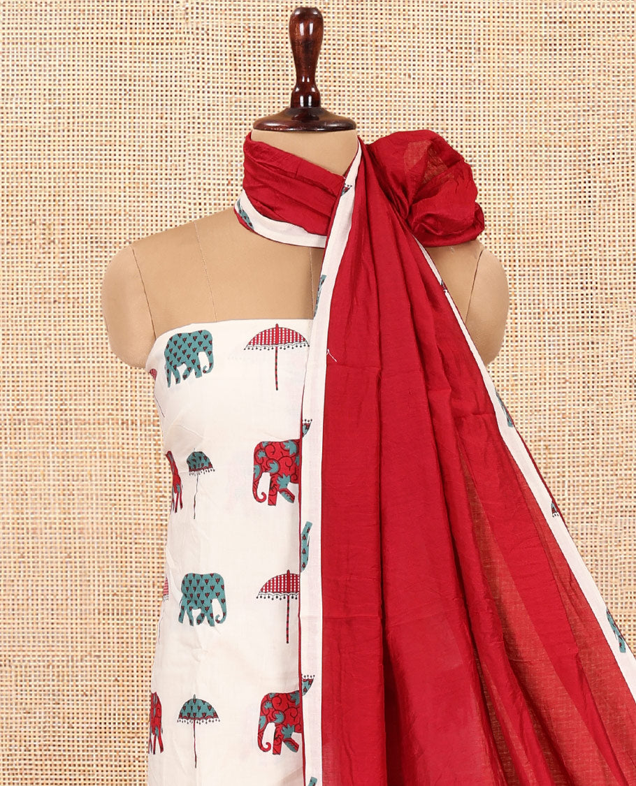 Cream-Red Material Chudidar Features an Elephant-Umbrella Printed Top, a Contrast Bottom, Contrast Bordered Dupatta