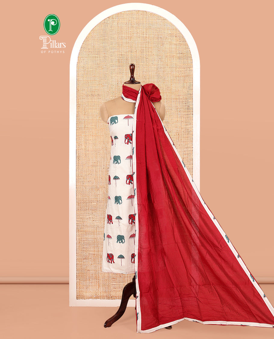 Cream-Red Material Chudidar Features an Elephant-Umbrella Printed Top, a Contrast Bottom, Contrast Bordered Dupatta