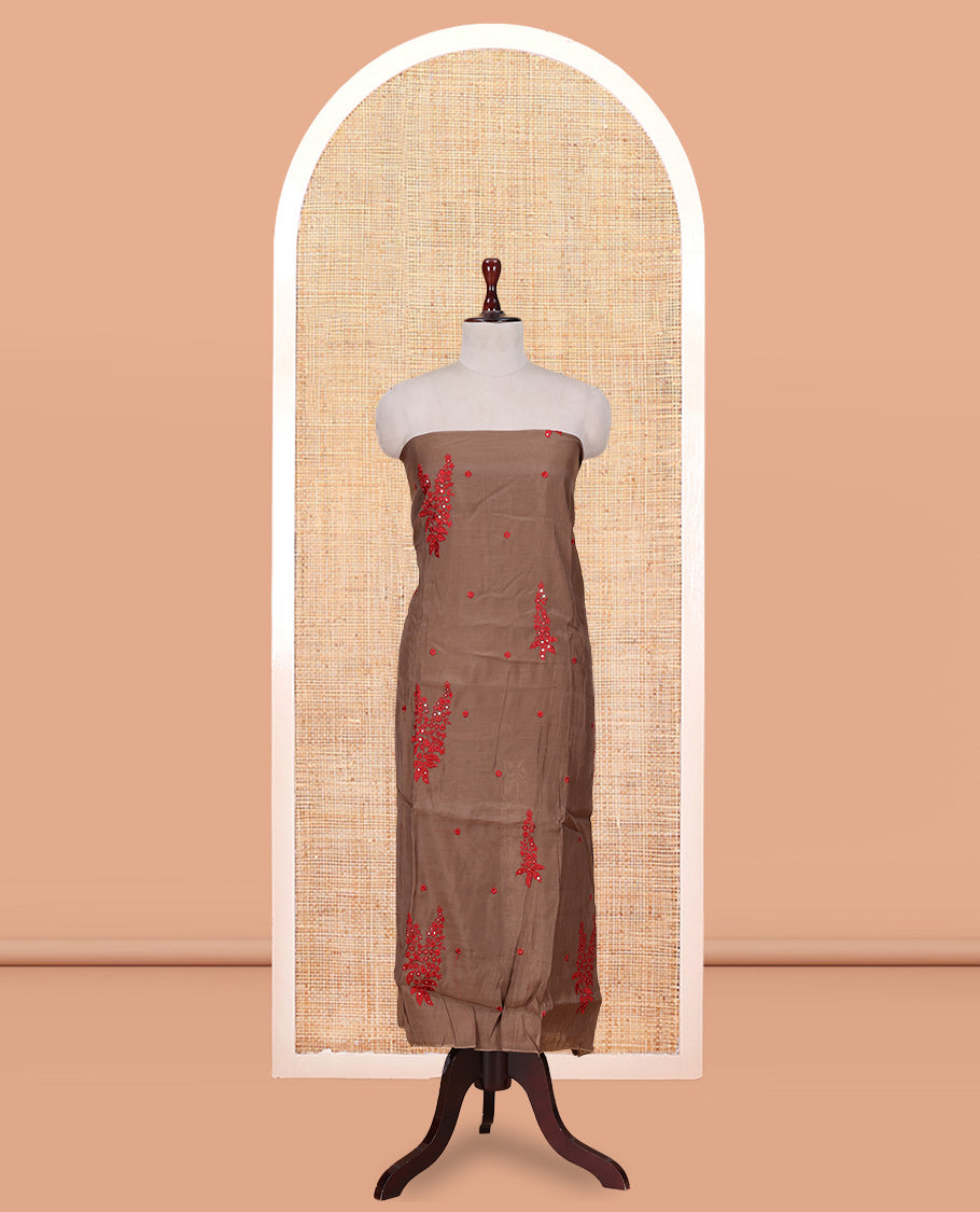 Brown-Red Mul Chanderi Material Churidar Features Floral Embroidered Top, a Matching Bottom, and an Embroidered Scallop Dupatta