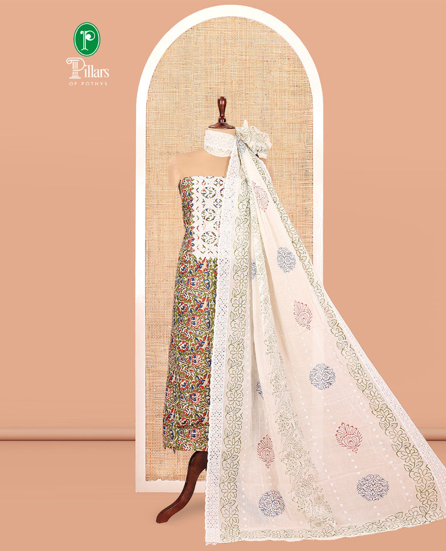 Mehendi Cotton Material Chudidar, Floral Printed Hakoba Top, a Contrast Bottom, Print-Hakoba Dupatta