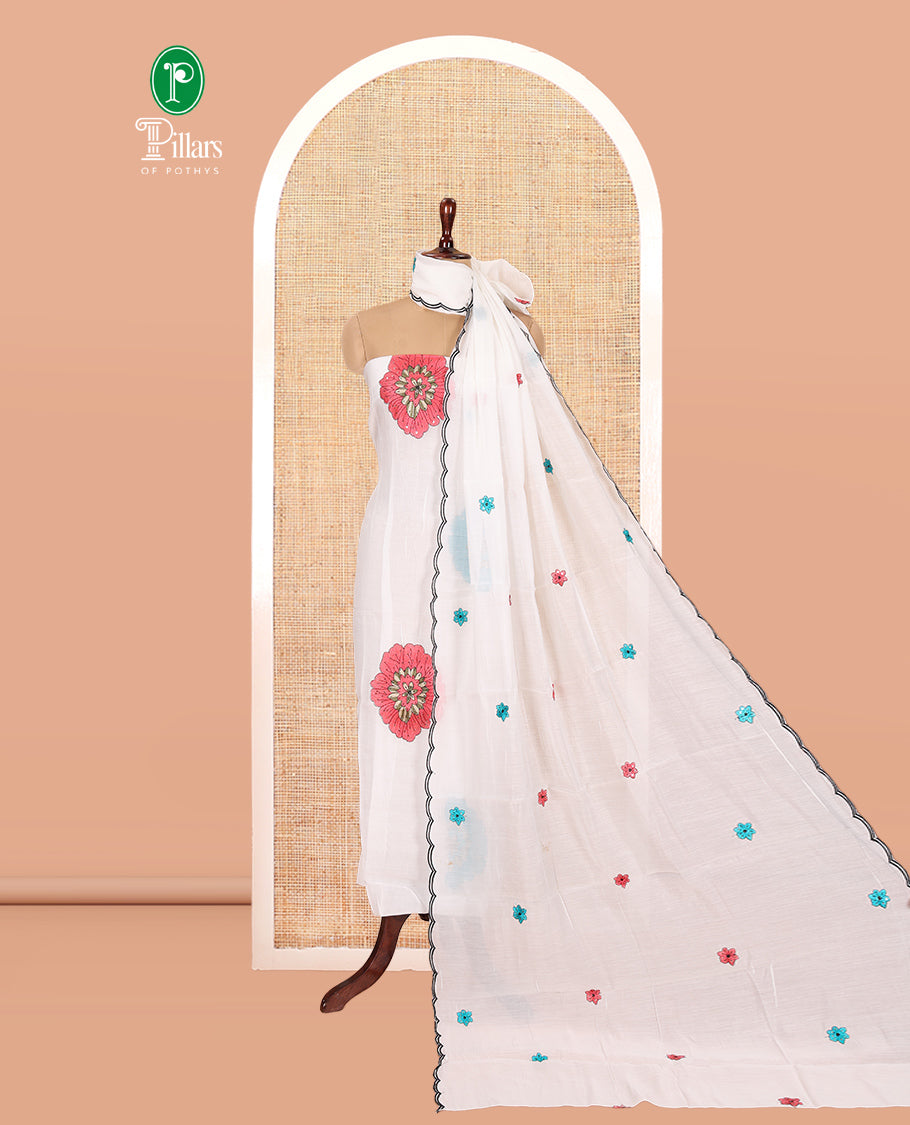 Cream-Pink Mul Chanderi Material Chudidar, Floral Embroidery Top, Matching Bottom, Floral Embroidery Dupatta