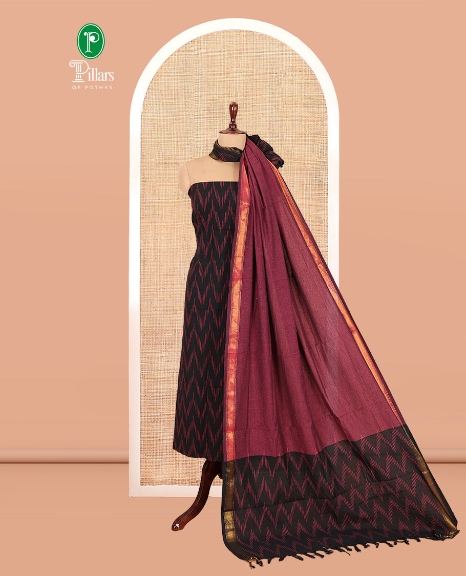 Black Pure Cotton Saree Material Chudidar Ikat Chevron Top, a Contrast Bottom, and Ikat Chevron Dupatta