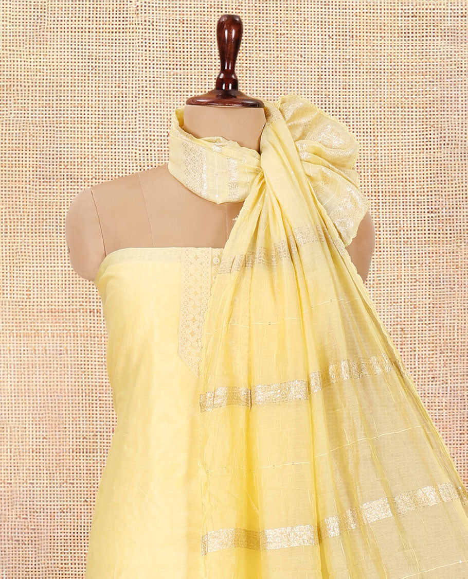 Yellow Mul Chanderi Material Chudiddar, Embroidered Top, Plain Bottom, Zari Striped Dupatta