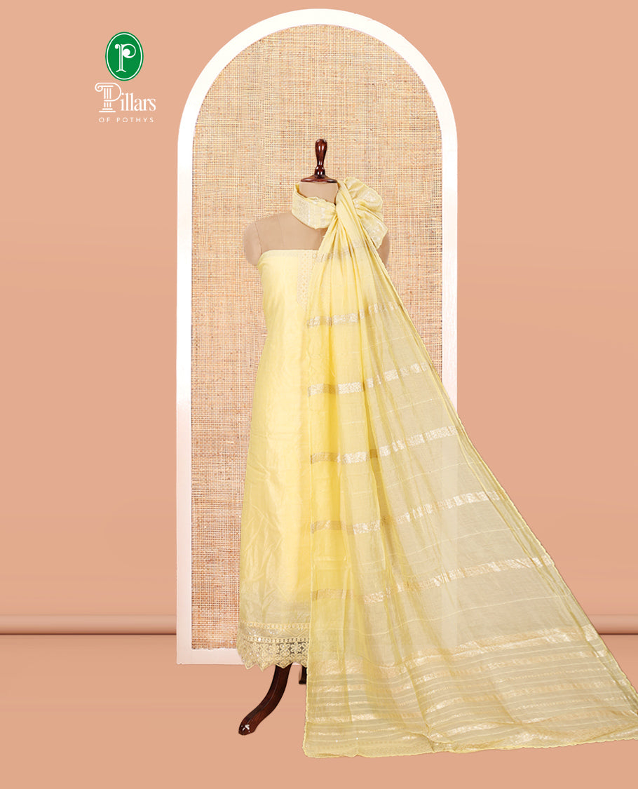 Yellow Mul Chanderi Material Chudiddar, Embroidered Top, Plain Bottom, Zari Striped Dupatta