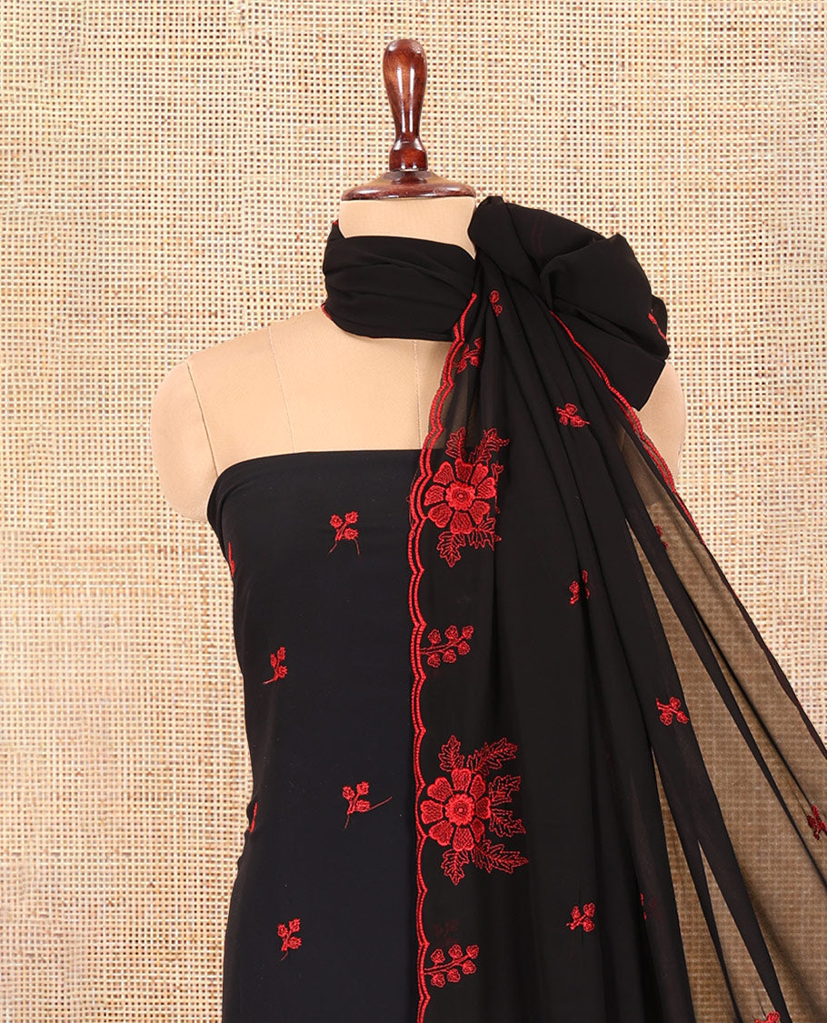 Black-Red Georgette Material Churidar Features Floral Buttas Embroidered Top, a Plain Bottom, Thread Embroidered Dupatta