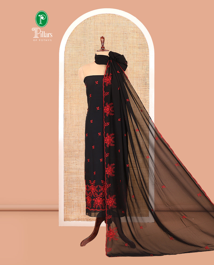 Black-Red Georgette Material Churidar Features Floral Buttas Embroidered Top, a Plain Bottom, Thread Embroidered Dupatta
