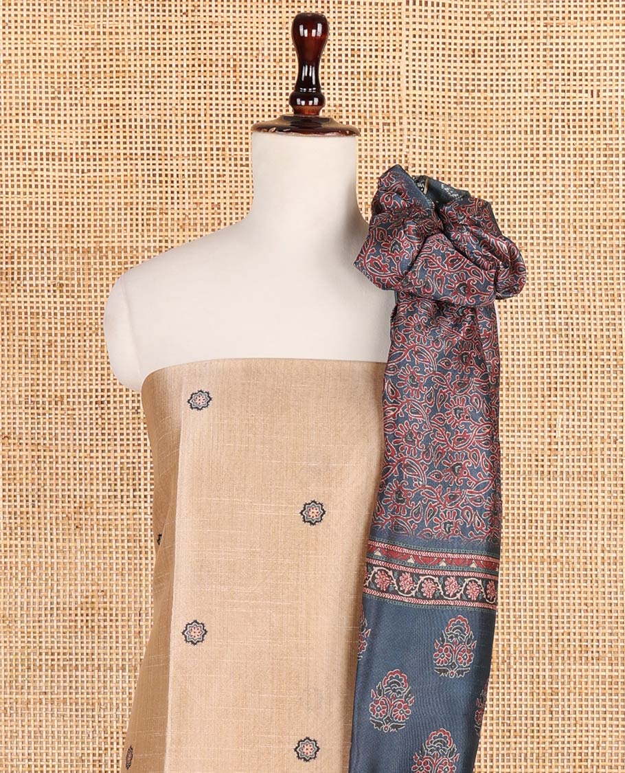 Chikku color ajrak print semi tussar chudidhar material top with jam cotton material pant & ajrak print, zari weaving dupatta