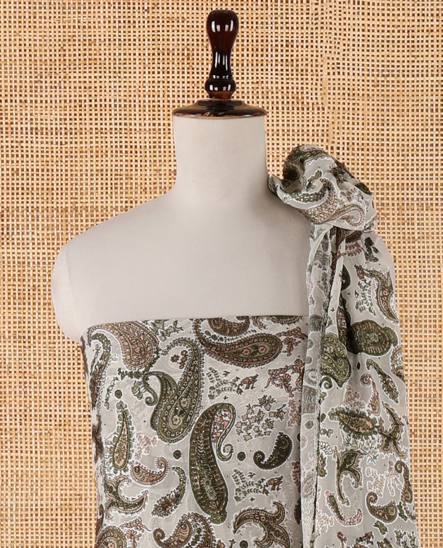 Green chudidar material set, paisley brasso printed, Swarovski stone work & Daman design crochet lace work, georgette top, paisley print & Swarovski stone work dupatta & plain Santoon pants