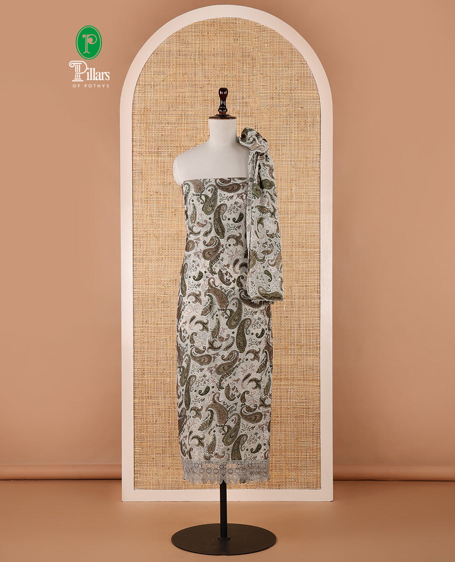 Green chudidar material set, paisley brasso printed, Swarovski stone work & Daman design crochet lace work, georgette top, paisley print & Swarovski stone work dupatta & plain Santoon pants