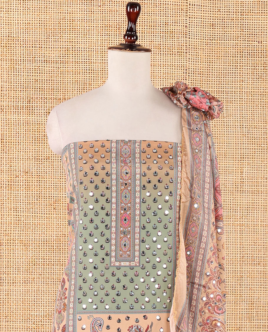 Gold material chudidar set, intricate print & real mirrorwork crepe masakali top,plain bottom & intricate print & mirrorwork Chinon dupatta