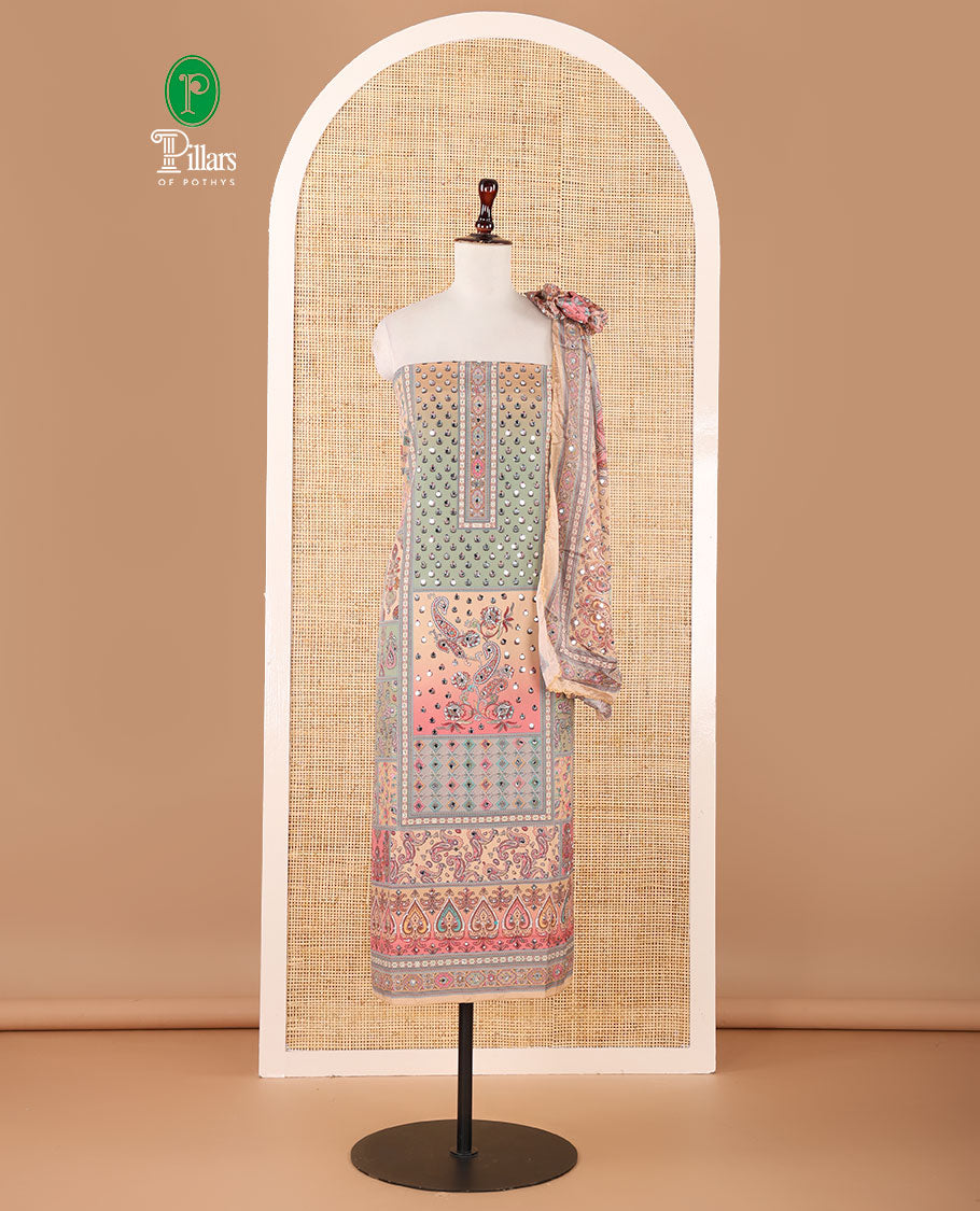 Gold material chudidar set, intricate print & real mirrorwork crepe masakali top,plain bottom & intricate print & mirrorwork Chinon dupatta