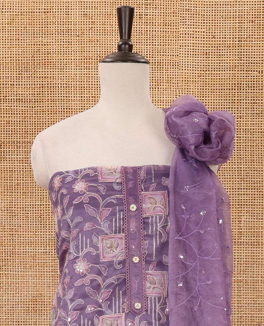 Lavender material chudidar set,floral-geometric print & outline embroidery organza top,plain bottom & floral vine sequins embroidery dupatta