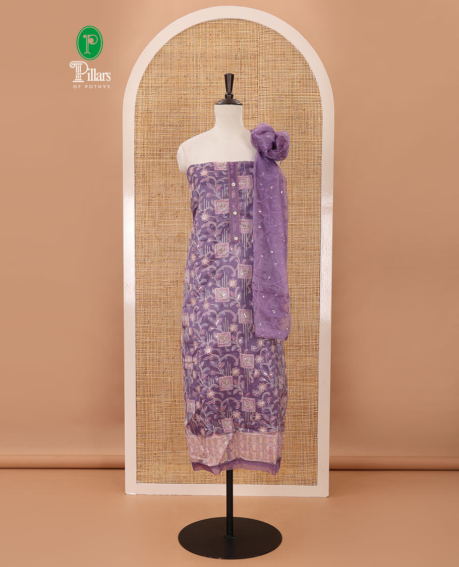 Lavender material chudidar set,floral-geometric print & outline embroidery organza top,plain bottom & floral vine sequins embroidery dupatta