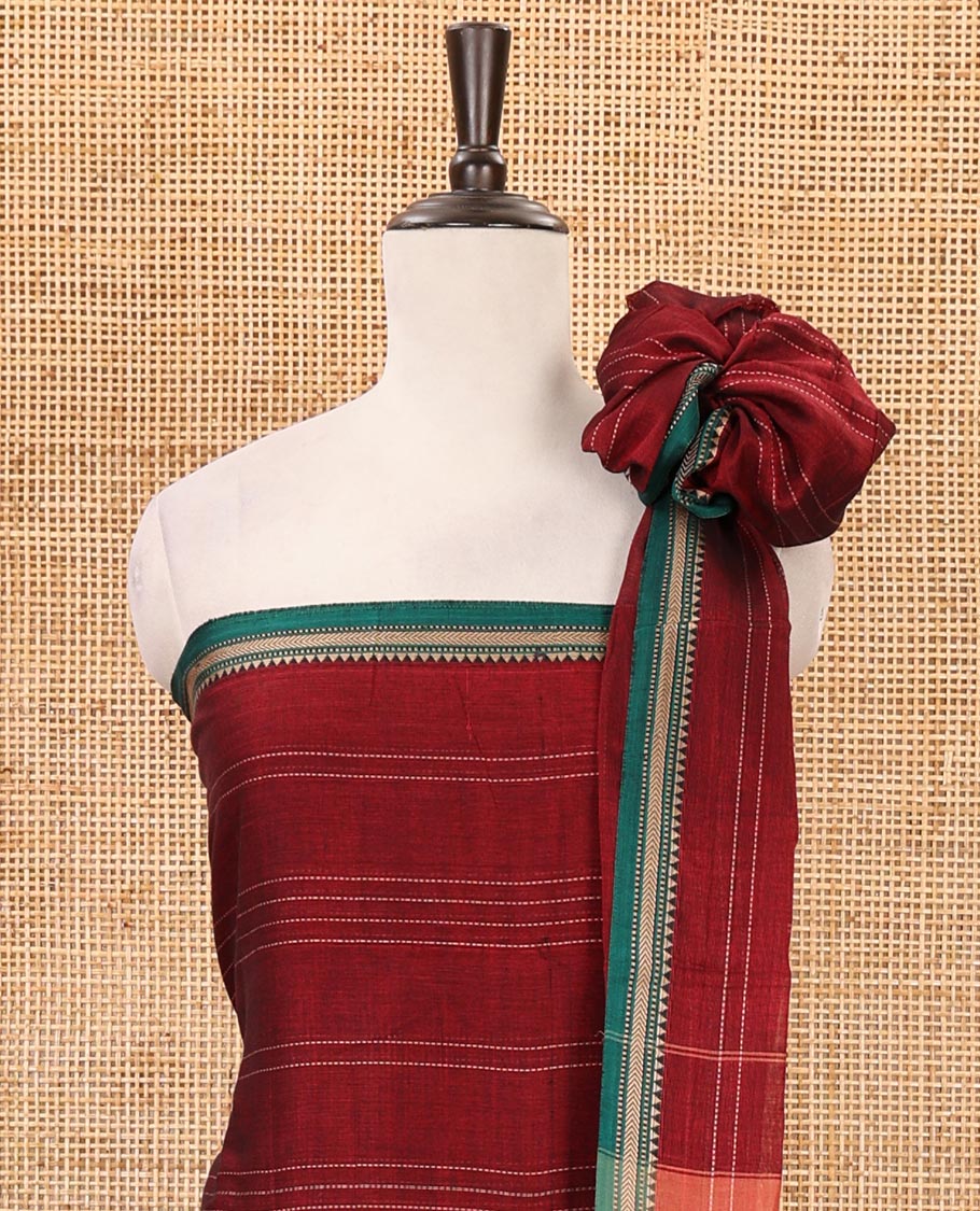Maroon mercerized cotton material chudidar set,vertical striped contrast border top, matching threadwork bottom & traditional border matching dupatta