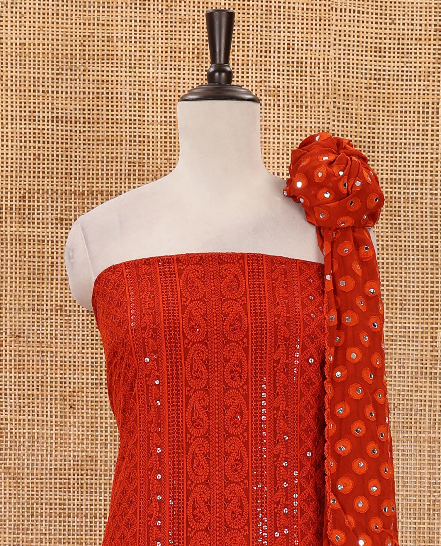 Red material chudidar set, floral, paisley & geometric schiffli embroidered georgette top & orginal mirror embroidered georgette dupatta