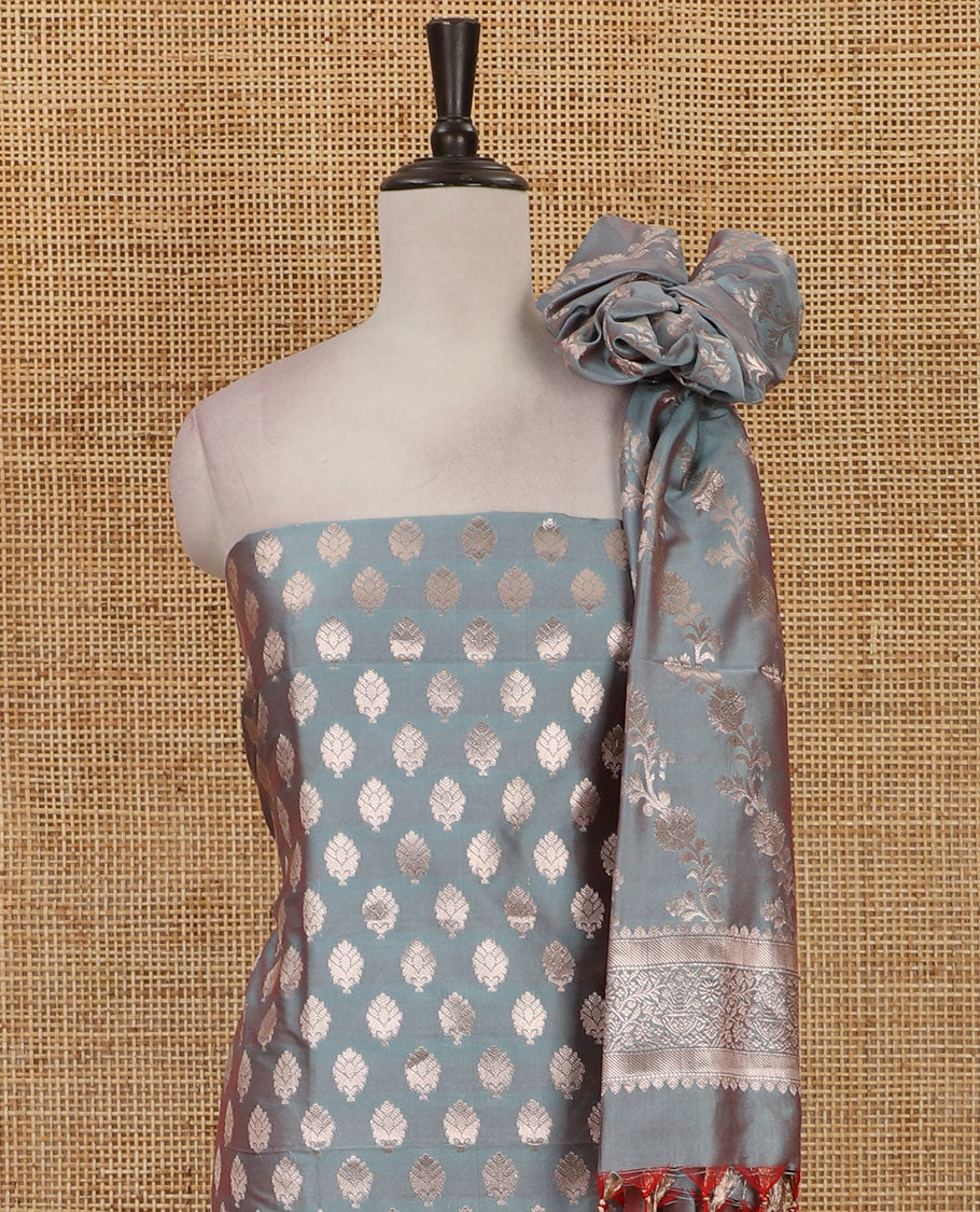 Grey banarasi material chudidar set, zari buttas woven top, plain bottom, and diagonal floral striped taffeta silk dupatta