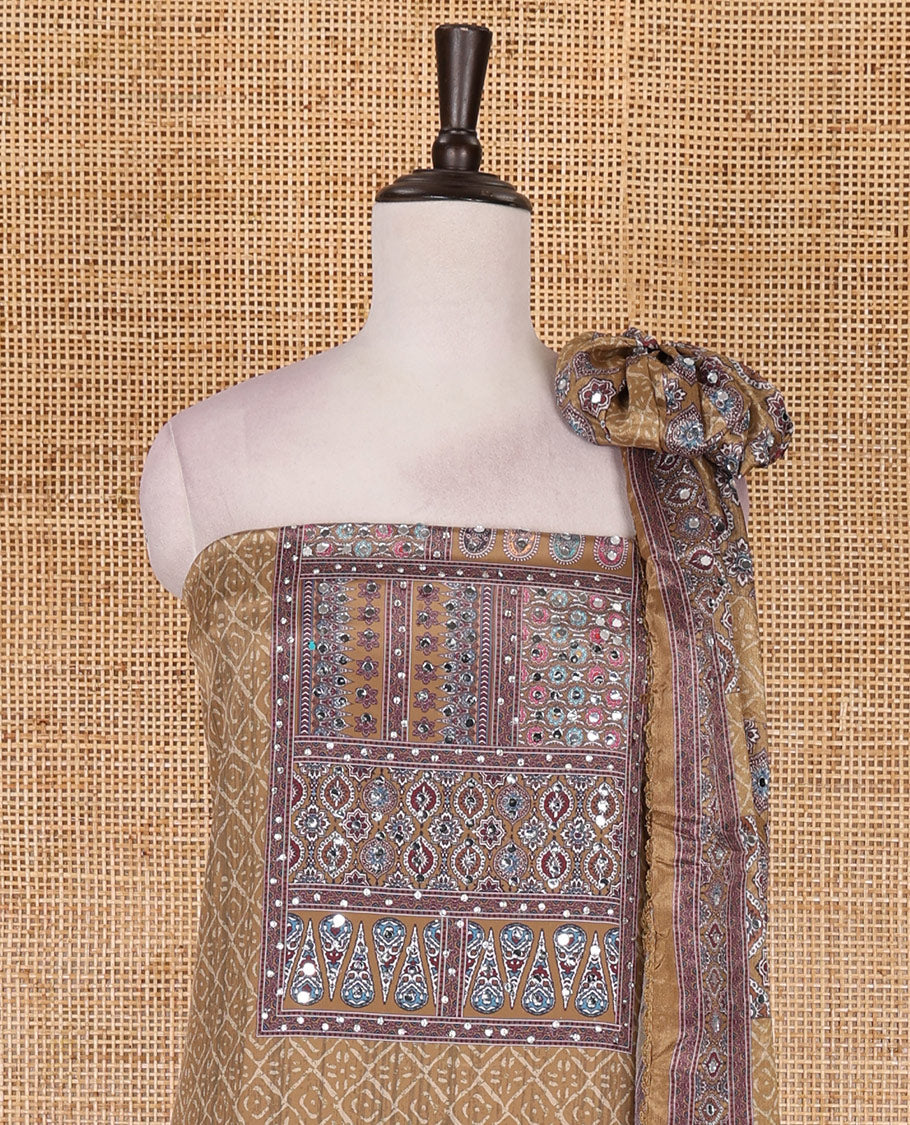 Olive green material chudidar set, intricately printed with neck mirror work crepe top, Italian crepe bottom, and digital printed mirror work chinon dupatta
