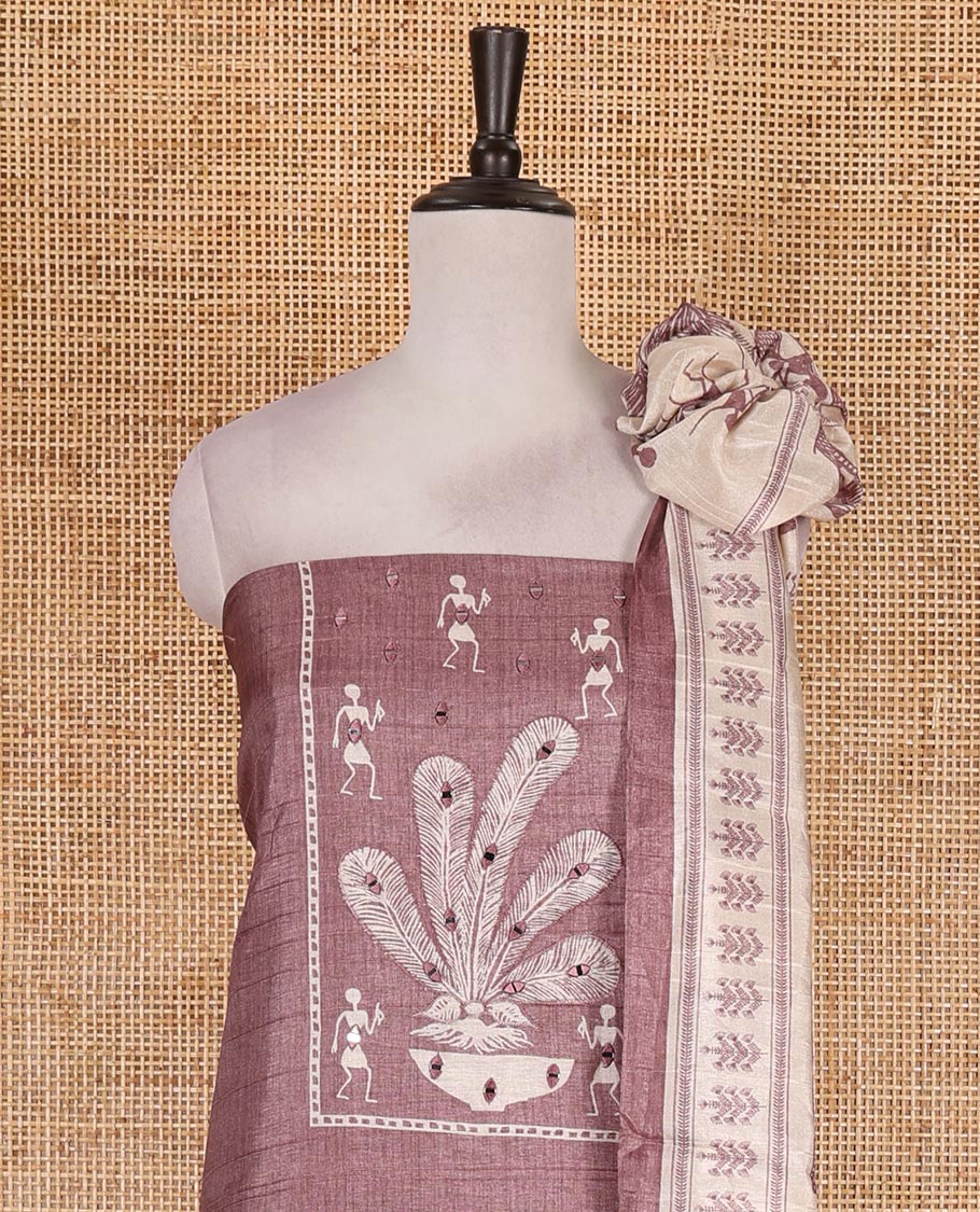 Onion pink material churidar set, warli tribe village theme print with mirror work semi-tussar top, plain bottom, and warli tribe village theme print semi-tussar dupatta