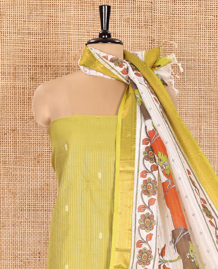 Green Material Chudidhar Set, Delicately Woven with Dotted Stripes and Buttas on Its Semi-Silk Top, Plain Cotton Bottom, and Semi-Silk Dupatta Illustrating Pichwai Cow and Floral Print