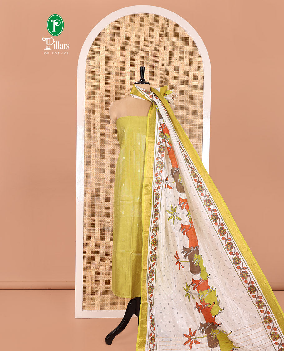 Green Material Chudidhar Set, Delicately Woven with Dotted Stripes and Buttas on Its Semi-Silk Top, Plain Cotton Bottom, and Semi-Silk Dupatta Illustrating Pichwai Cow and Floral Print