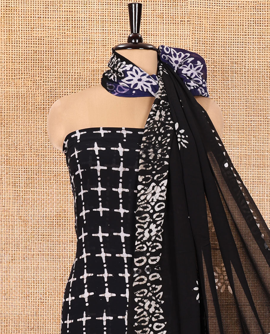 Black and Blue Material Chudidhar Set, Decked Up with Batik-Style Printed Viscose Georgette Top, Rayon Batik Printed Bottom, and Viscose Georgette Dupatta of Batik Print