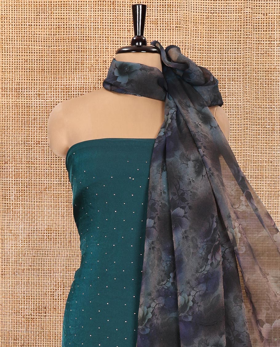 Peacock Green Material Churidar Set, Adorned with Swarovski Stone Work Nc Moss Organza Top, Comes with a Plain Santoon Bottom, and Floral Printed Nc Moss Organza Dupatta